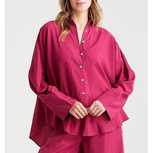 [Papinelle] Pink Amelie Long Sleeve Oversized Relaxed Fit Pajama Shirt Sz Large - Picture 1 of 11